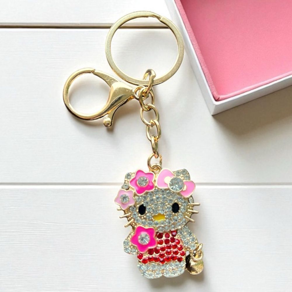 Cute Red And Clear Crystal Flower Hello Kitty Keychain
